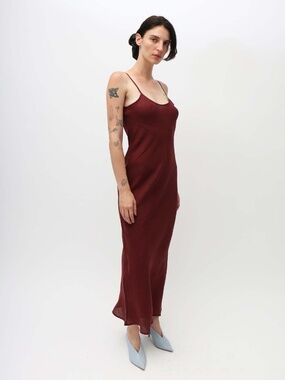 BASERANGE Dydine Linen Slip Dress In Stome Burgundy Fine Weave Bias Midi NWT XS